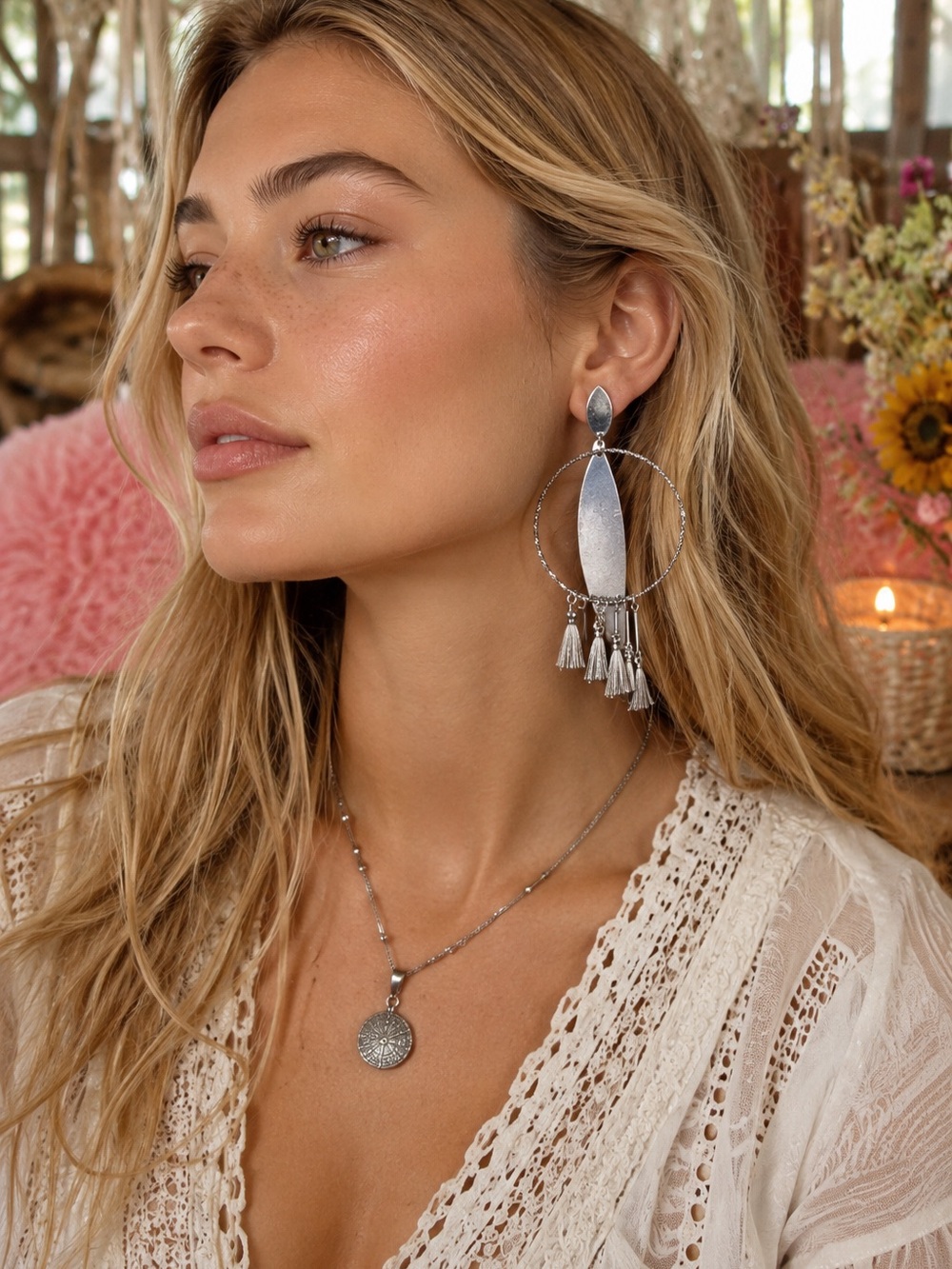 Free People Silver Oversized Hoop Tassel Statement Earrings